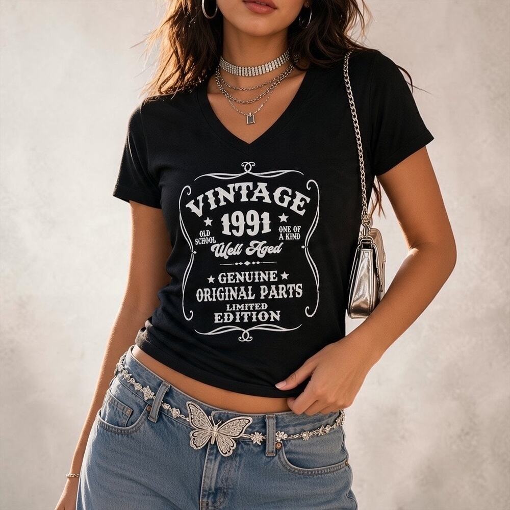 Bella + Canvas Vintage Whiskey Label Graphic 1991 Birthday Black VNeck Tee Small